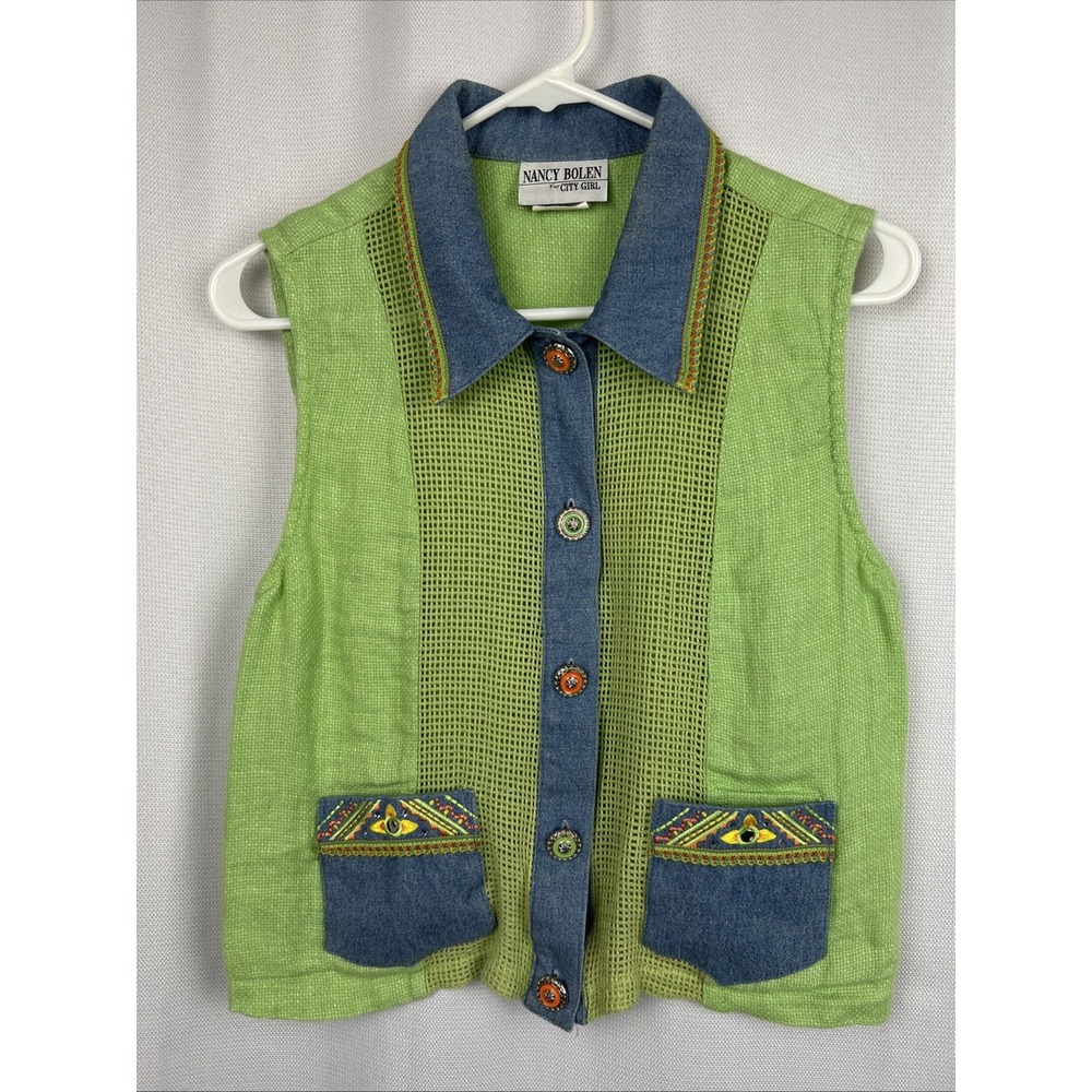 Vtg 90s Nancy Bolen City Girl Green Denim Patchwork Vest Boho Linen Cotton Mesh